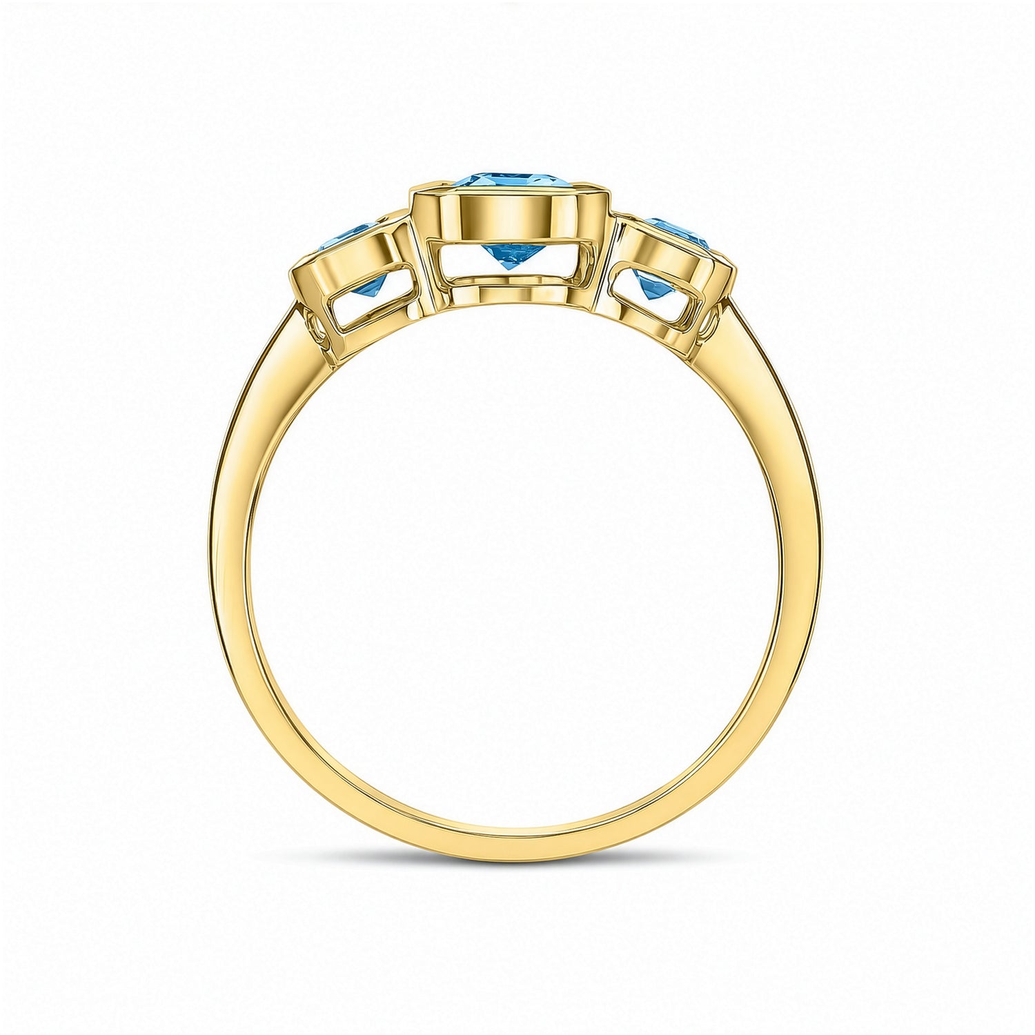 9ct Yellow Gold Octagonal Natural Aquamarine Rubover Set Three Stone Ring — 6x4mm