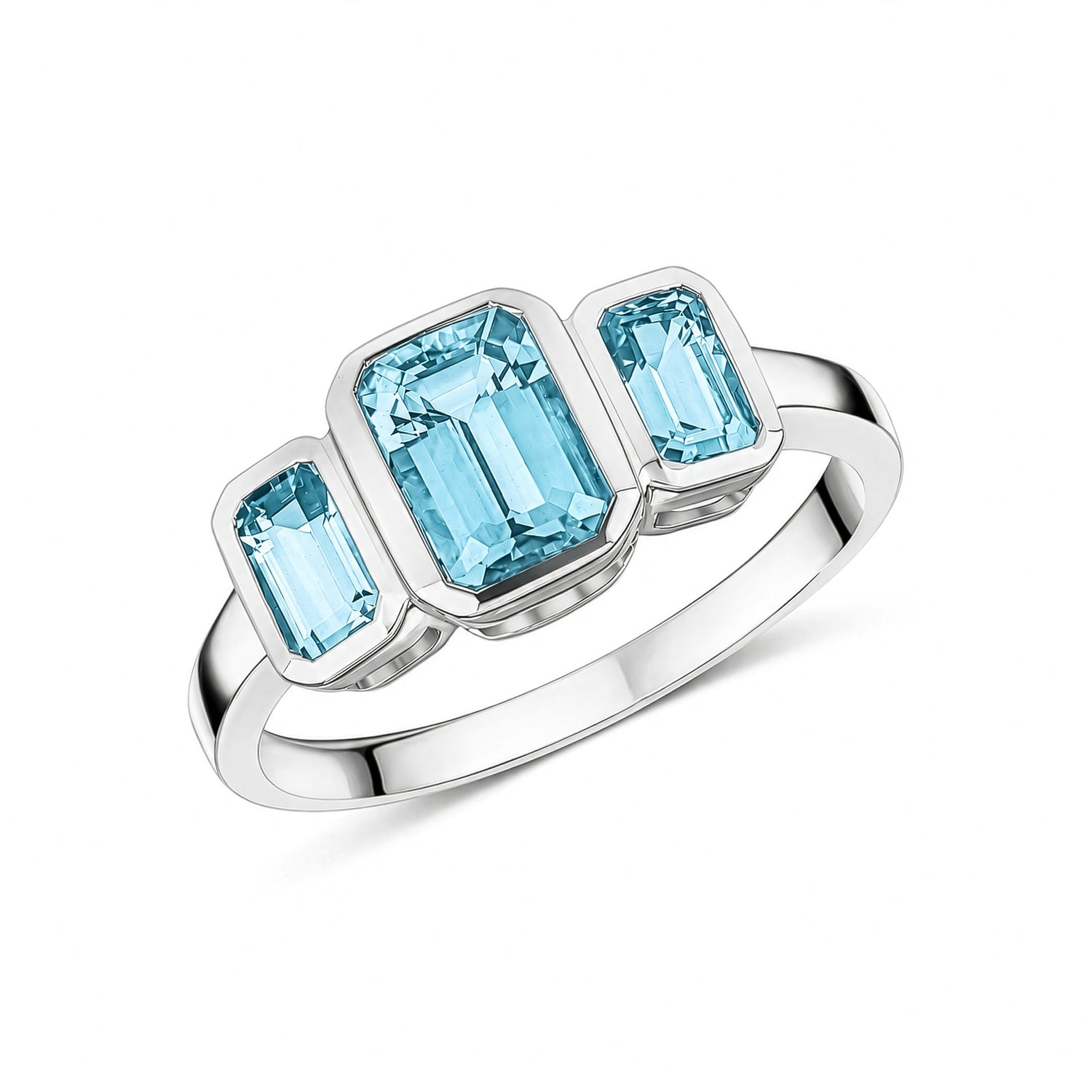 9ct White Gold Octagonal Natural Aquamarine Rubover Set Three Stone Ring — 6x4mm