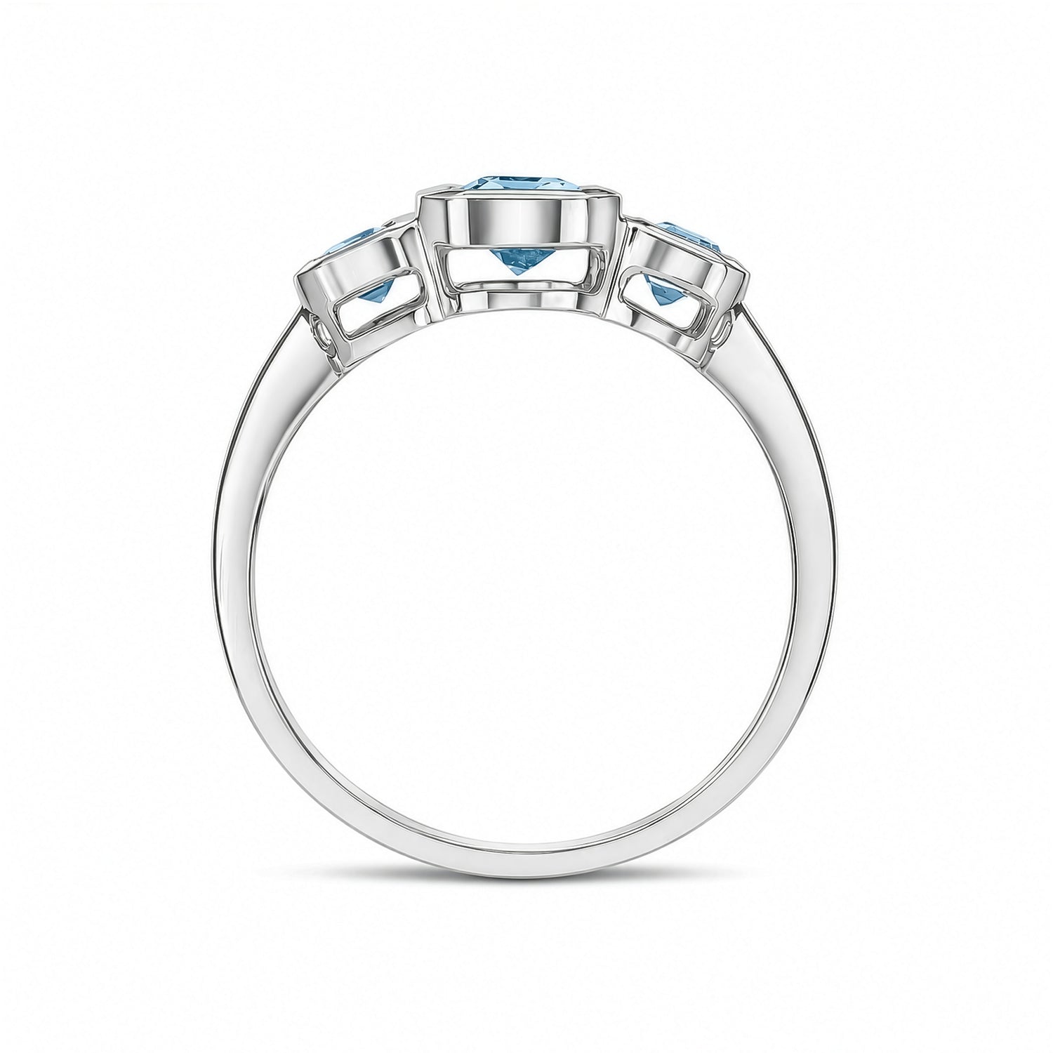 9ct White Gold Octagonal Natural Aquamarine Rubover Set Three Stone Ring — 6x4mm