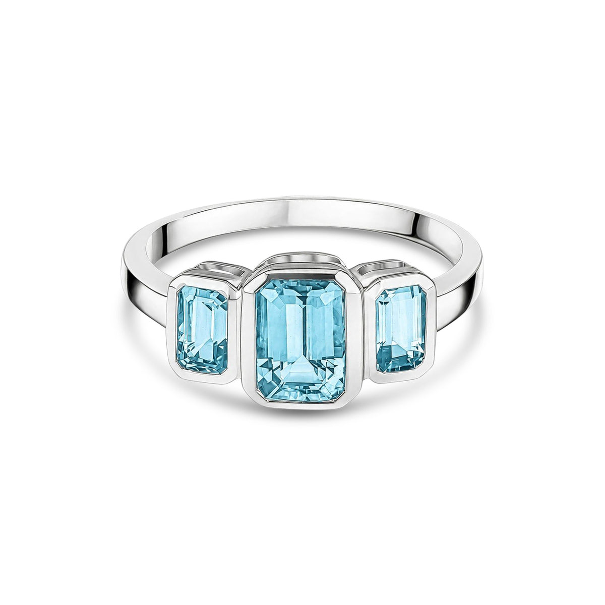 9ct White Gold Octagonal Natural Aquamarine Rubover Set Three Stone Ring