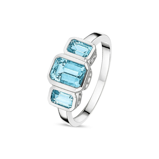 9ct White Gold Octagonal Natural Aquamarine Rubover Set Three Stone Ring