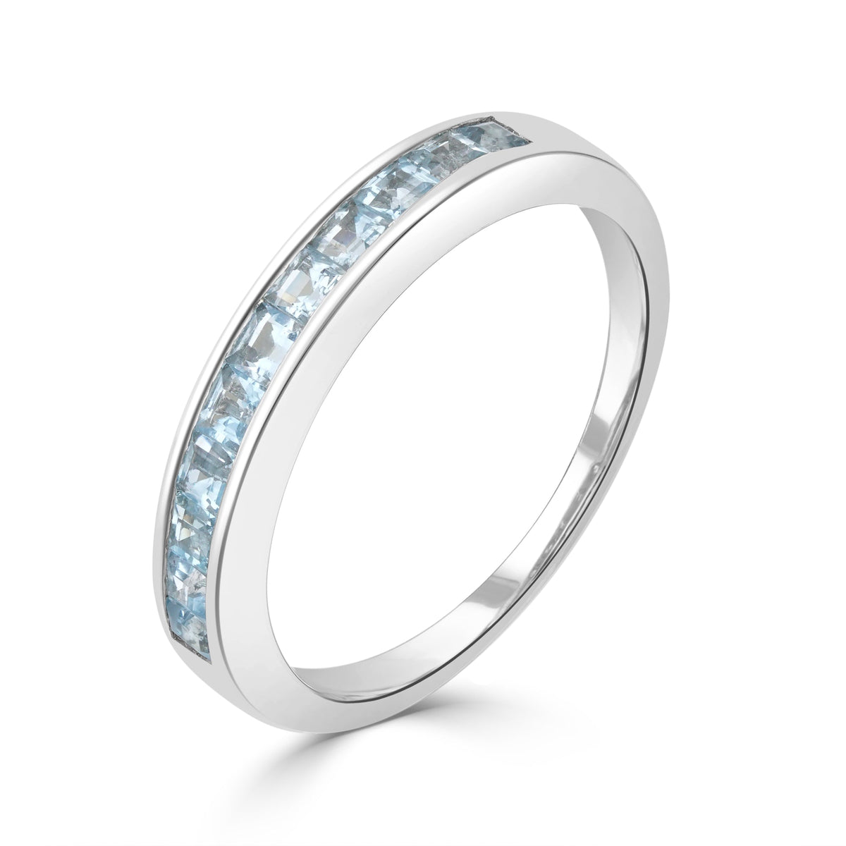 9ct White Gold Square Natural Aquamarine Eleven Stone Half Eternity Ring