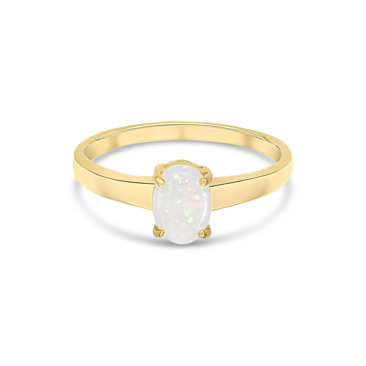 9ct Yellow Gold Oval Natural Opal Claw Single Stone Ring — 7x5mm