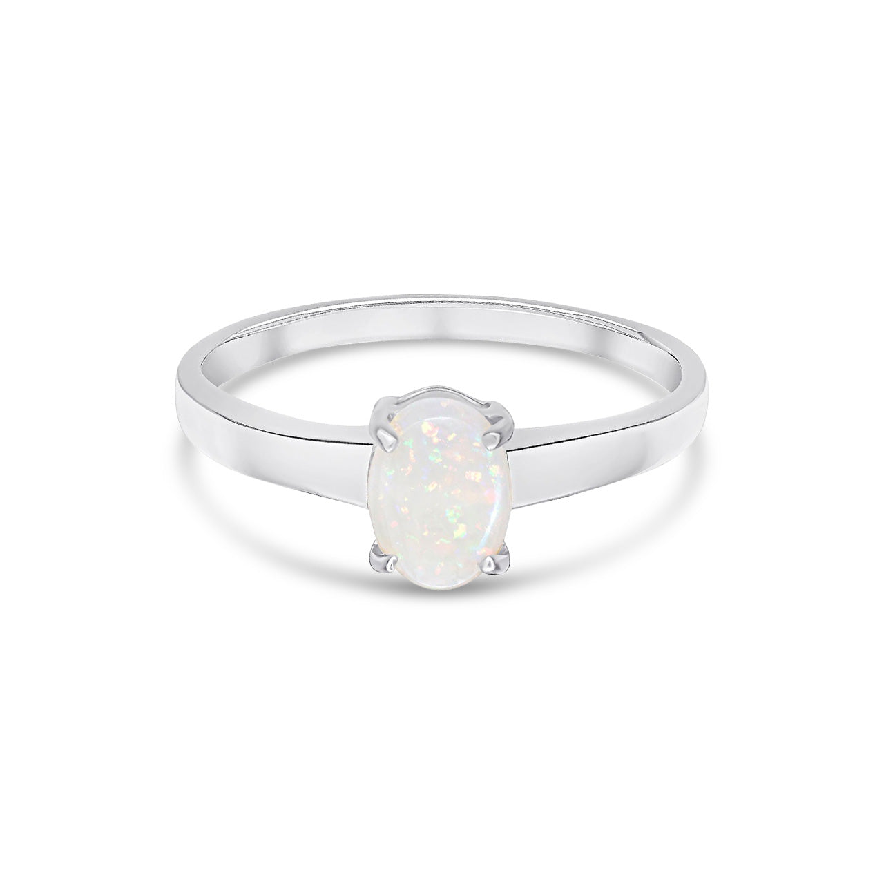 9ct White Gold Oval Natural Opal Claw Single Stone Ring — 7x5mm