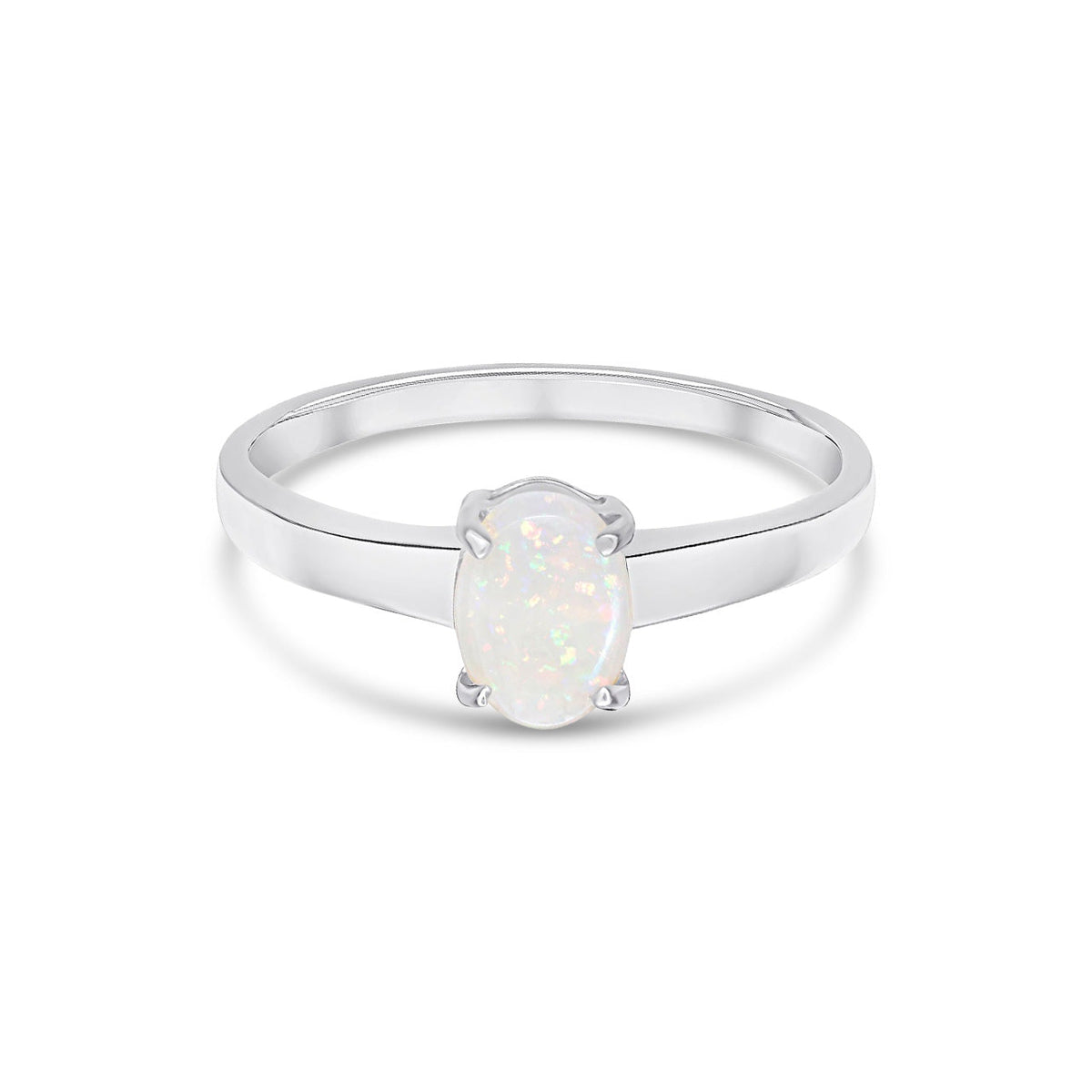 9ct White Gold Oval Natural Opal Claw Single Stone Ring — 7x5mm