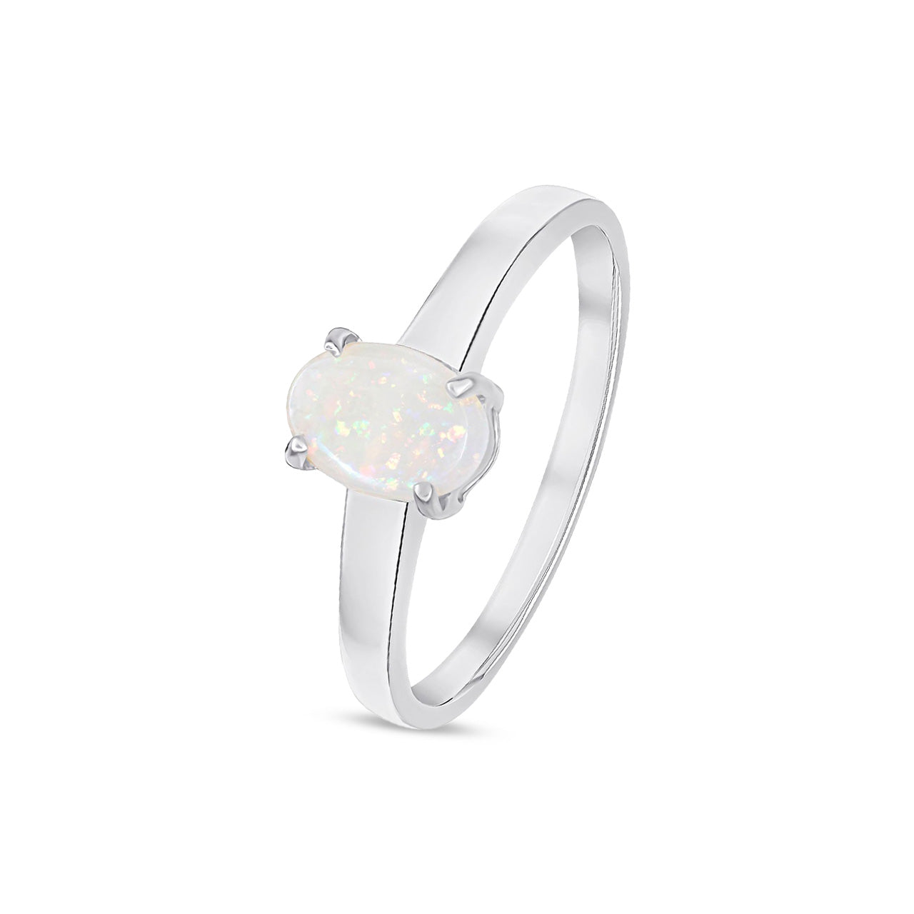 9ct White Gold Oval Natural Opal Claw Single Stone Ring — 7x5mm