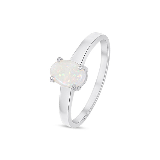 9ct White Gold Oval Natural Opal Claw Single Stone Ring — 7x5mm