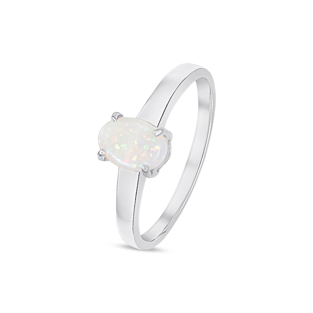 9ct White Gold Oval Natural Opal Claw Single Stone Ring — 7x5mm