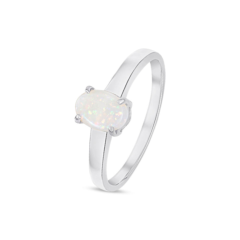 9ct White Gold Oval Natural Opal Claw Single Stone Ring — 7x5mm