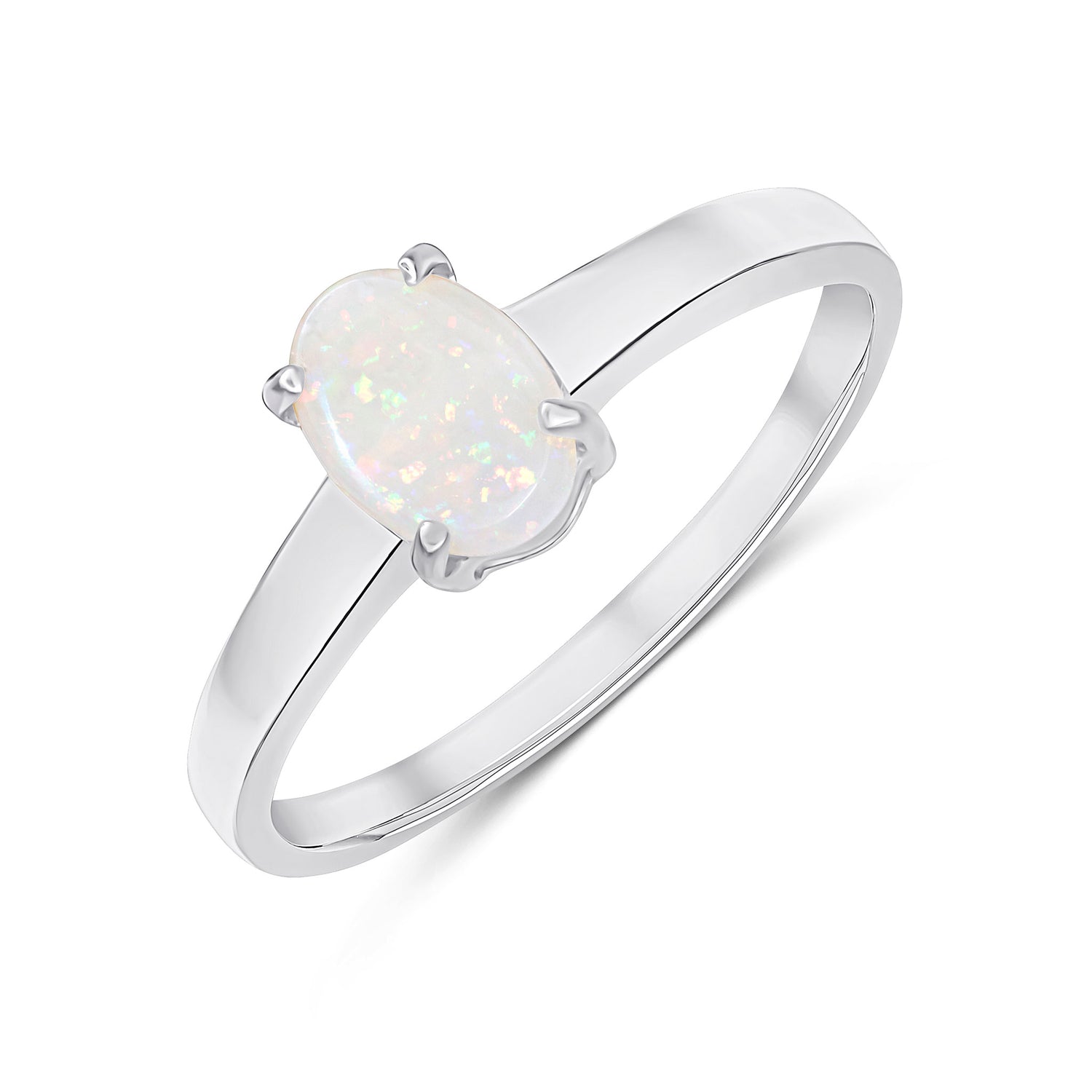 9ct White Gold Oval Natural Opal Claw Set Single Stone Ring — 7x5mm