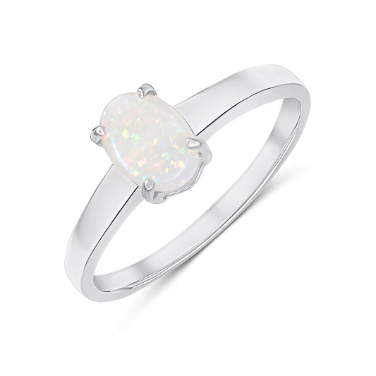 9ct White Gold Oval Natural Opal Claw Set Single Stone Ring — 7x5mm