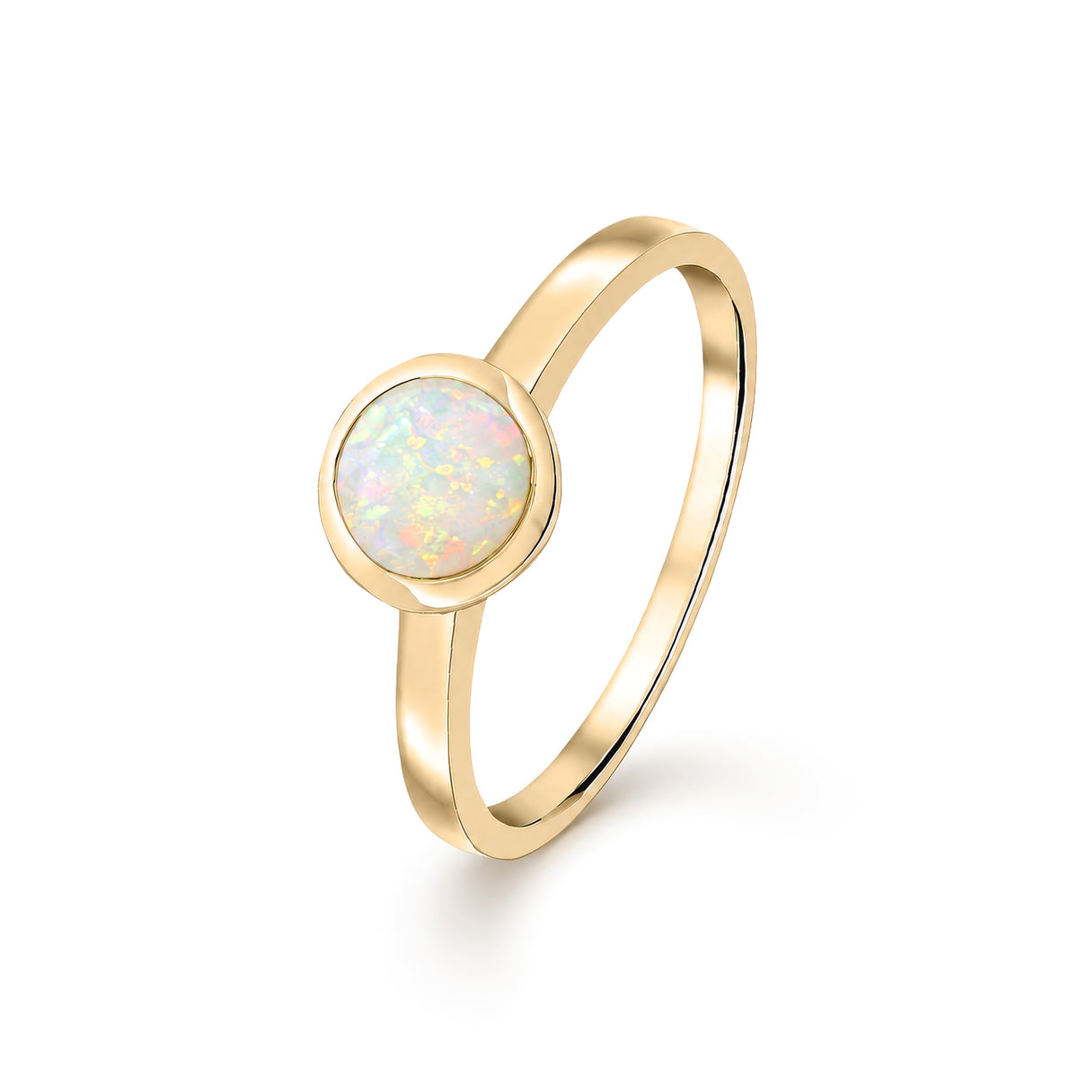 9ct Yellow Gold Round Natural Opal Rubover Ring