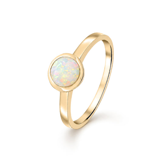 9ct Yellow Gold Round Natural Opal Rubover Ring