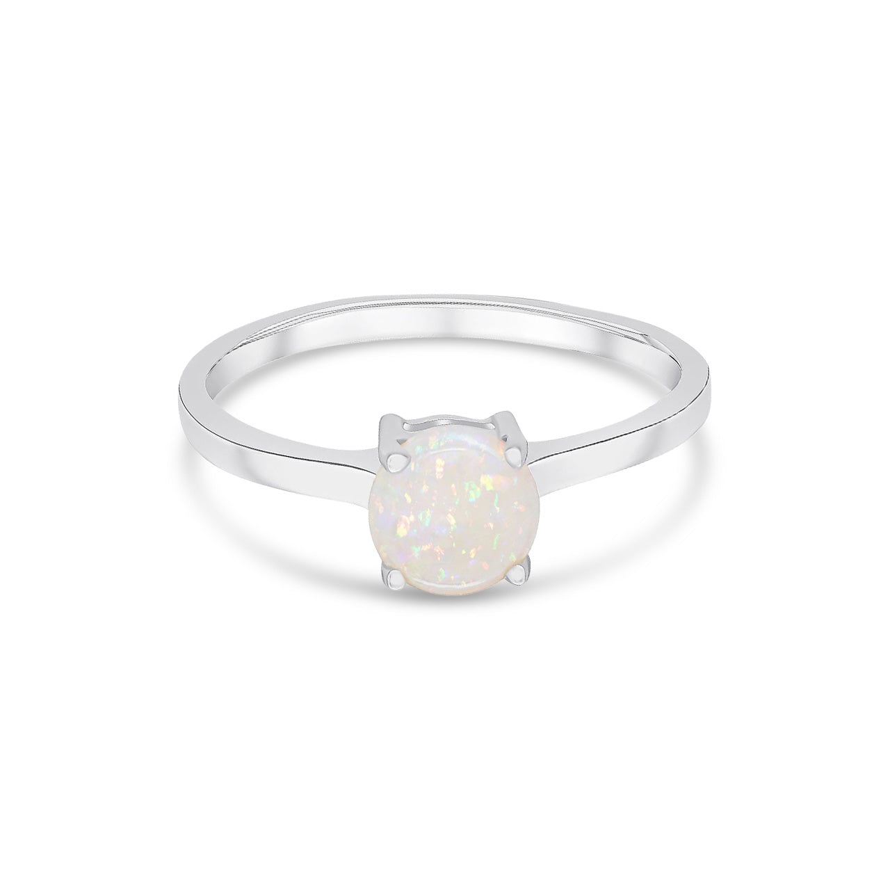 9ct White Gold Round Natural Opal Claw Ring
