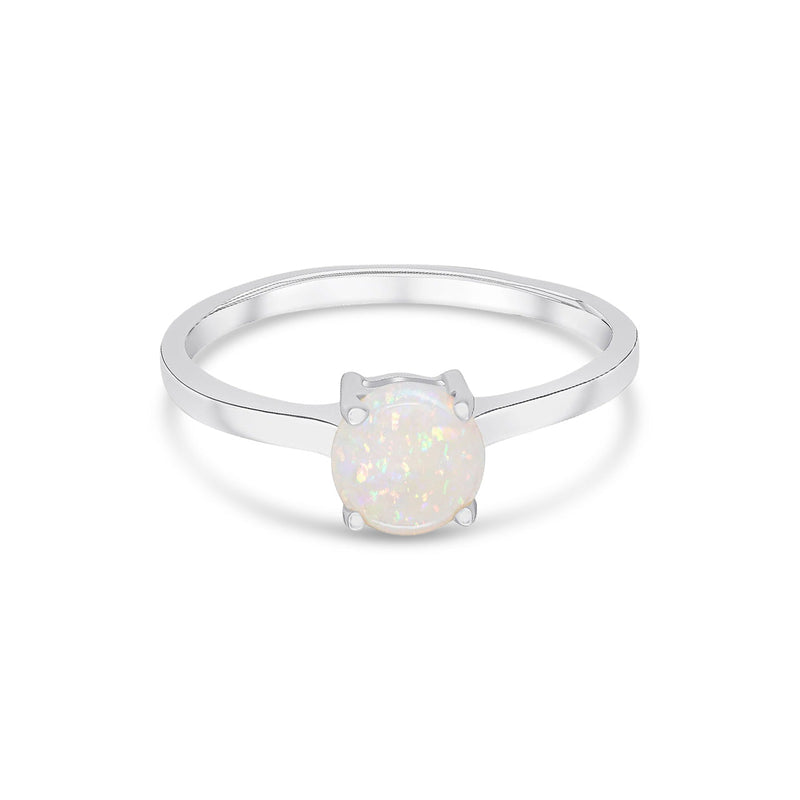 9ct White Gold Round Natural Opal Claw Single Stone Ring — 6mm