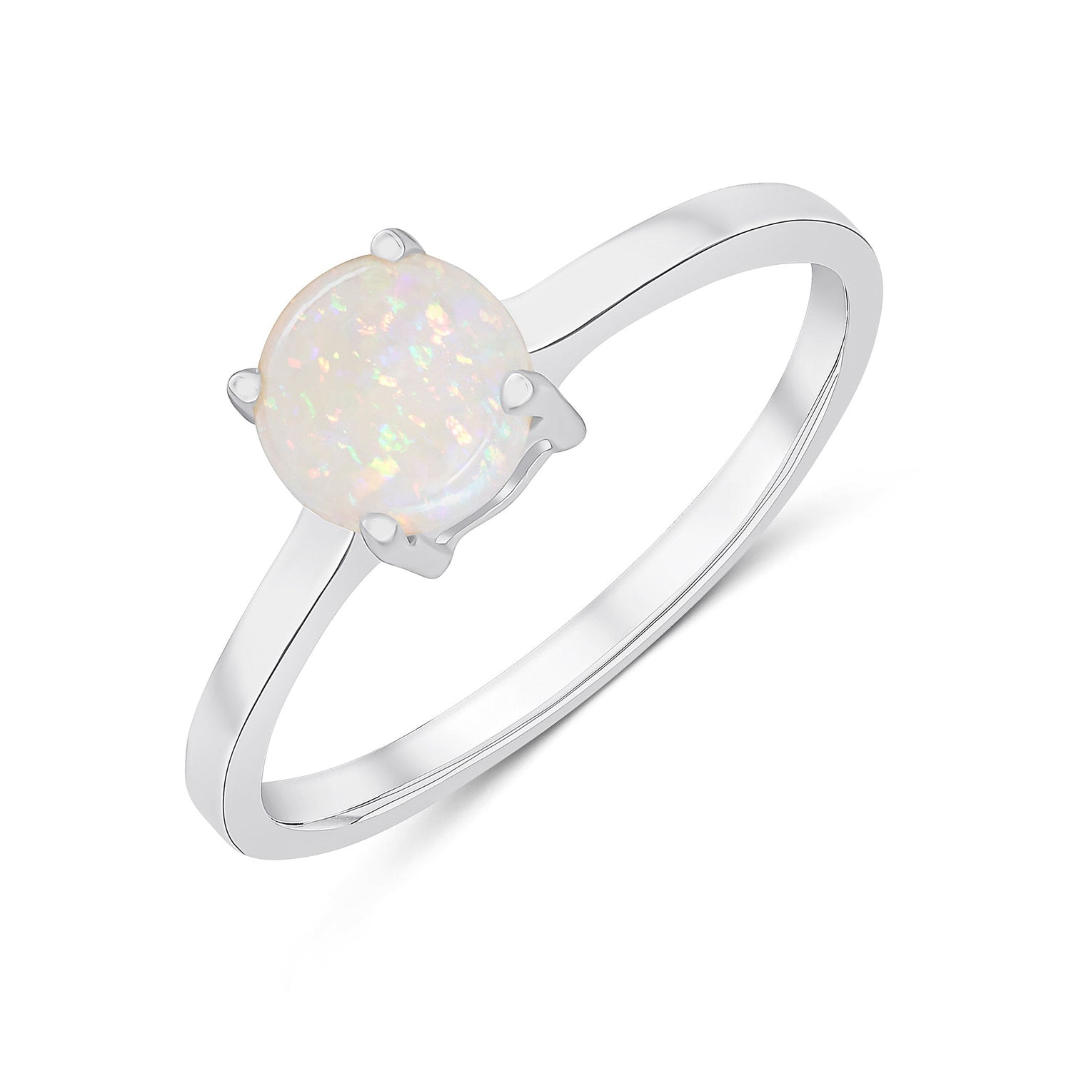 9ct White Gold Round Natural Opal Claw Ring — 6mm