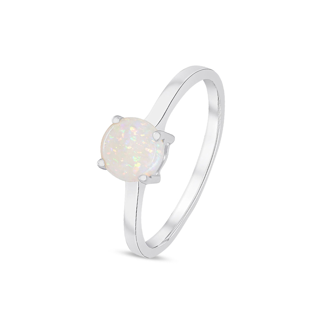 9ct White Gold Round Natural Opal Claw Ring