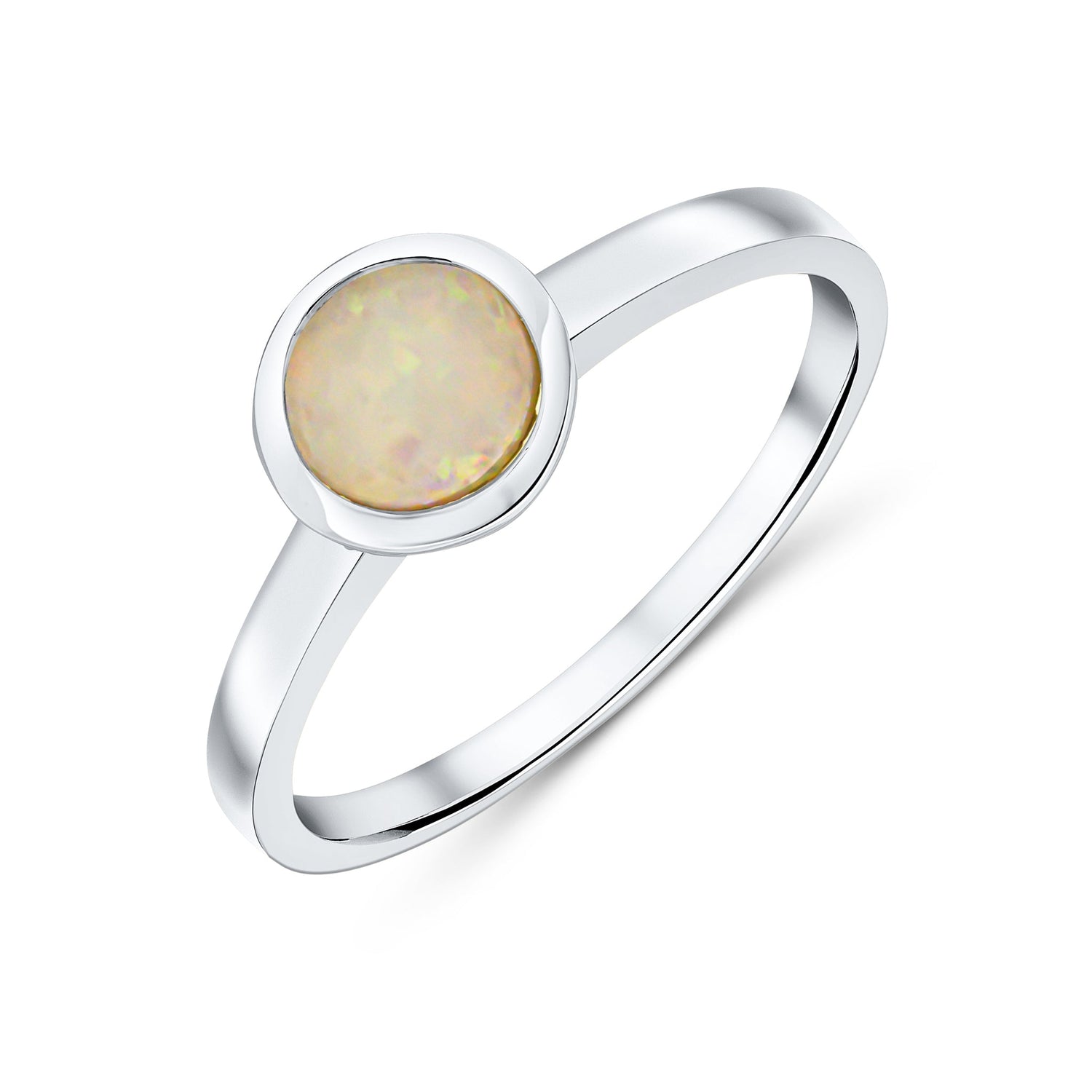 9ct White Gold Round Opal Rubover Ring — 6mm