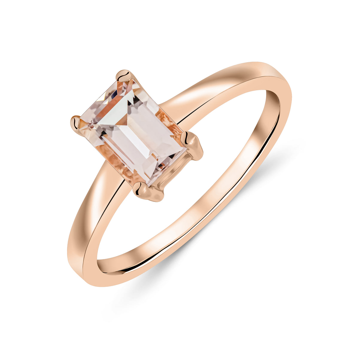 9ct Rose Gold Octagonal Emerald Cut Natural Morganite Claw Ring — 7x5mm