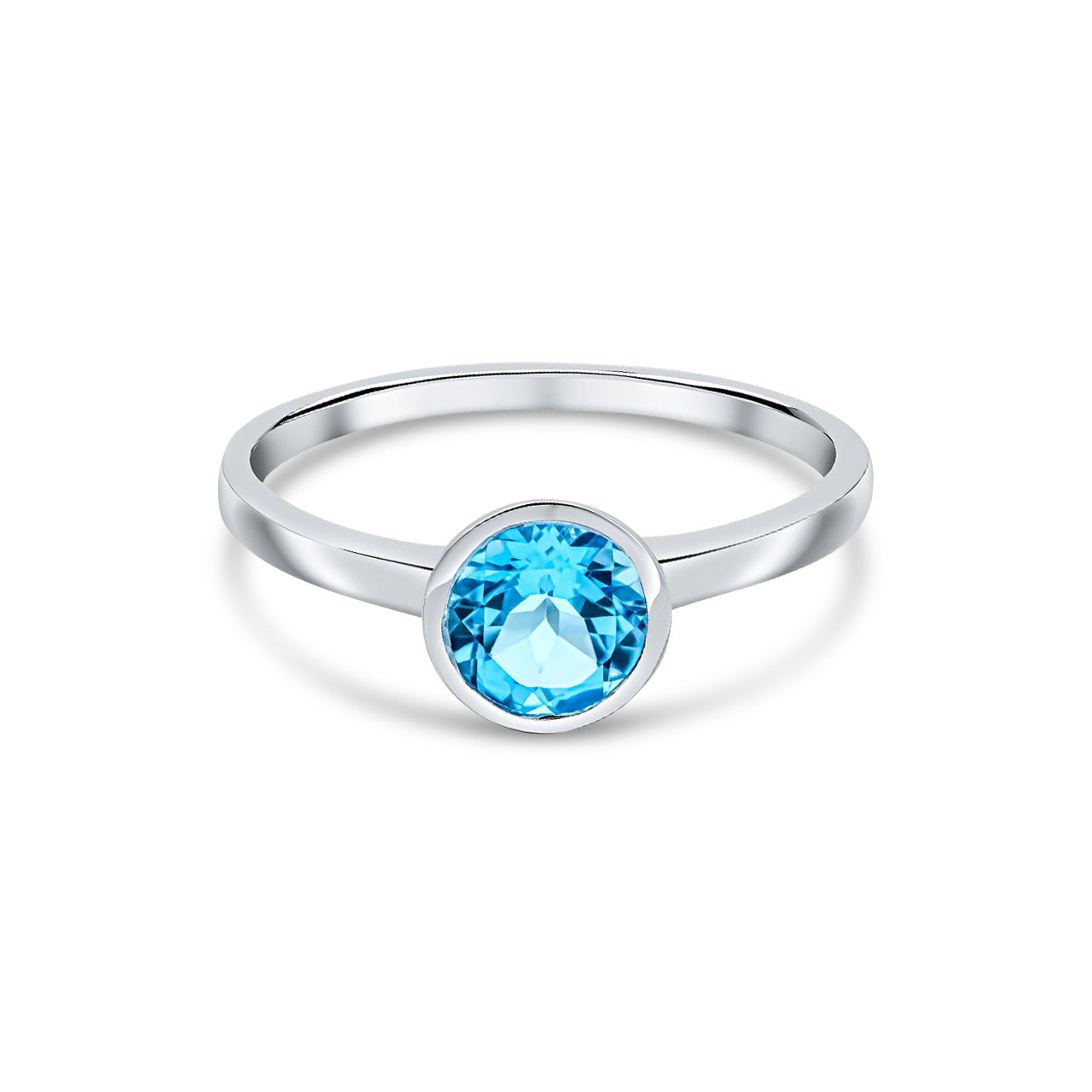 9ct White Gold Round Natural Swiss Blue Topaz Rubover Ring — 6mm
