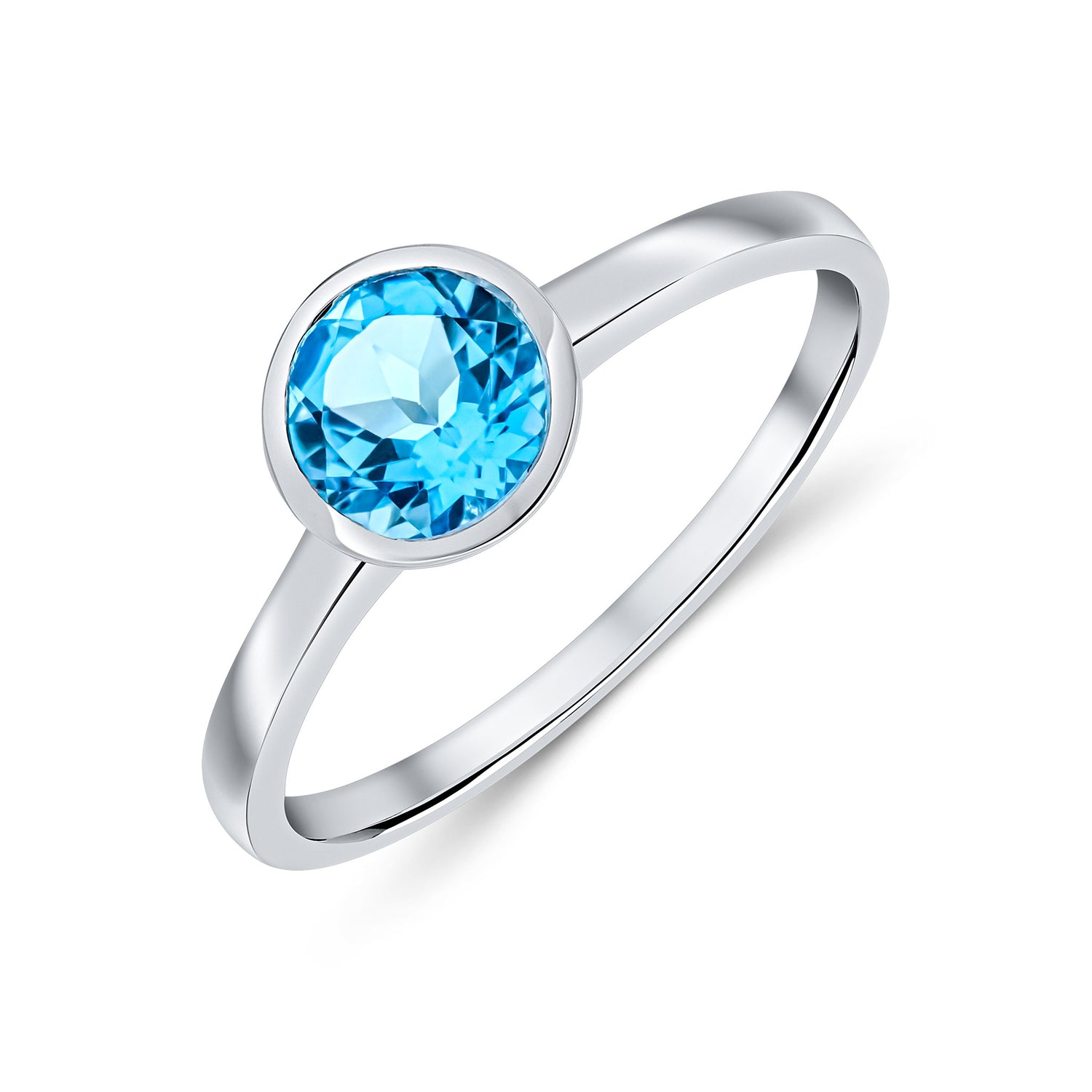 9ct White Gold Round Natural Swiss Blue Topaz Rubover Ring — 6mm