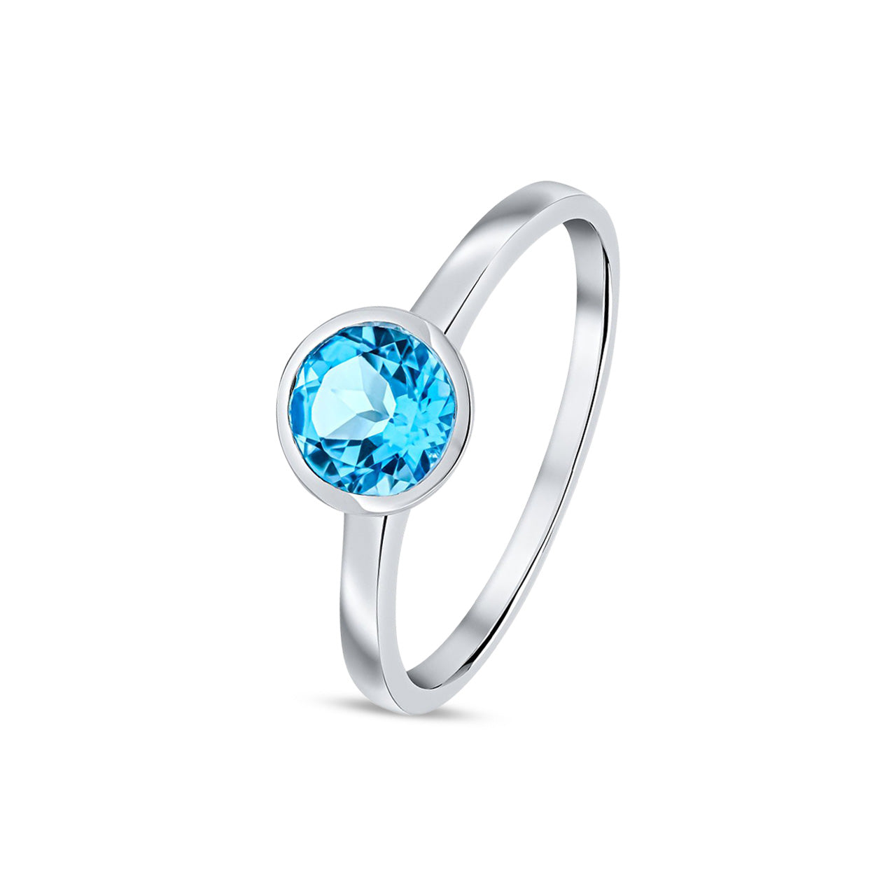 9ct White Gold Round Natural Swiss Blue Topaz Rubover Ring — 6mm