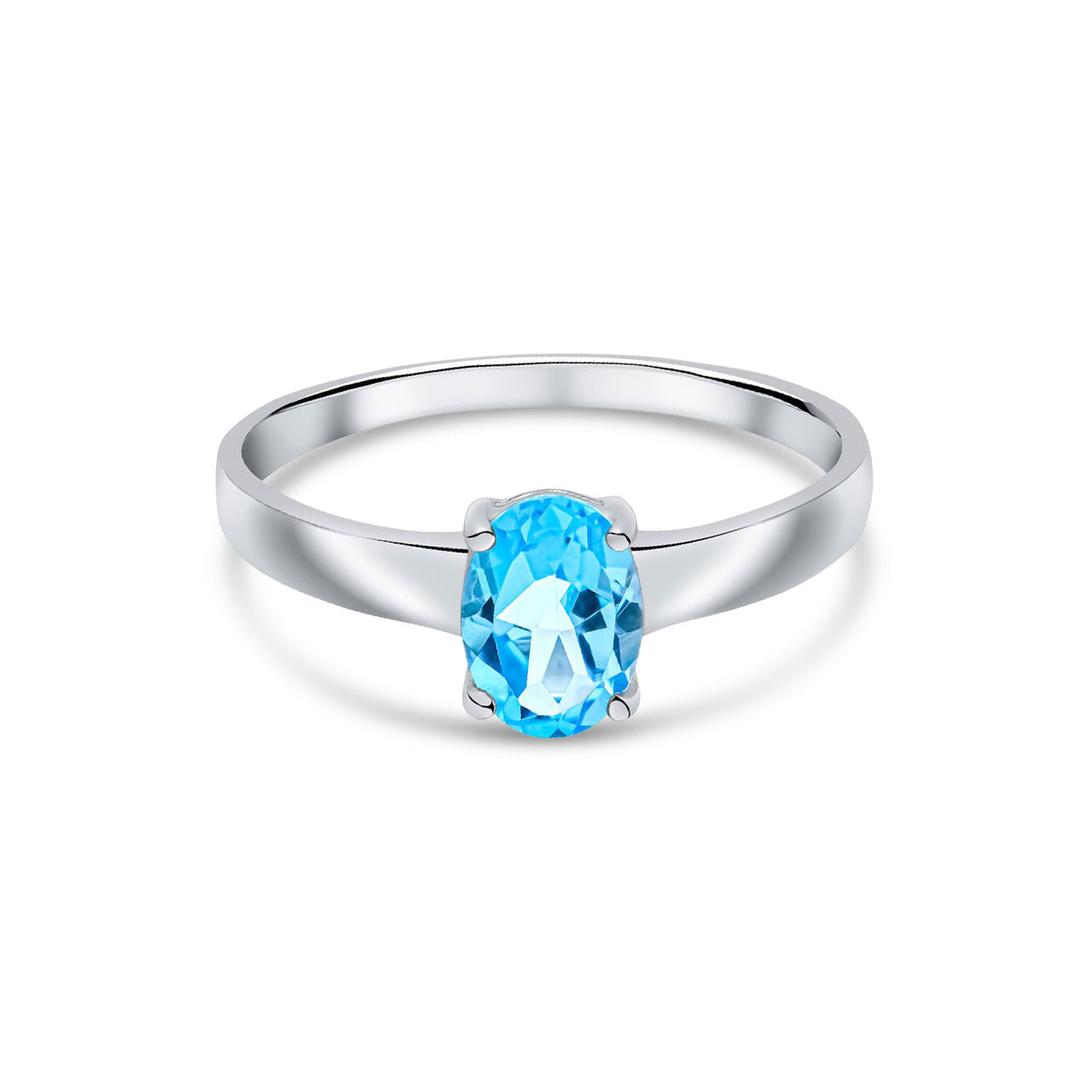 9ct White Gold Oval Natural Swiss Blue Topaz Claw Single Stone Ring — 7x5mm