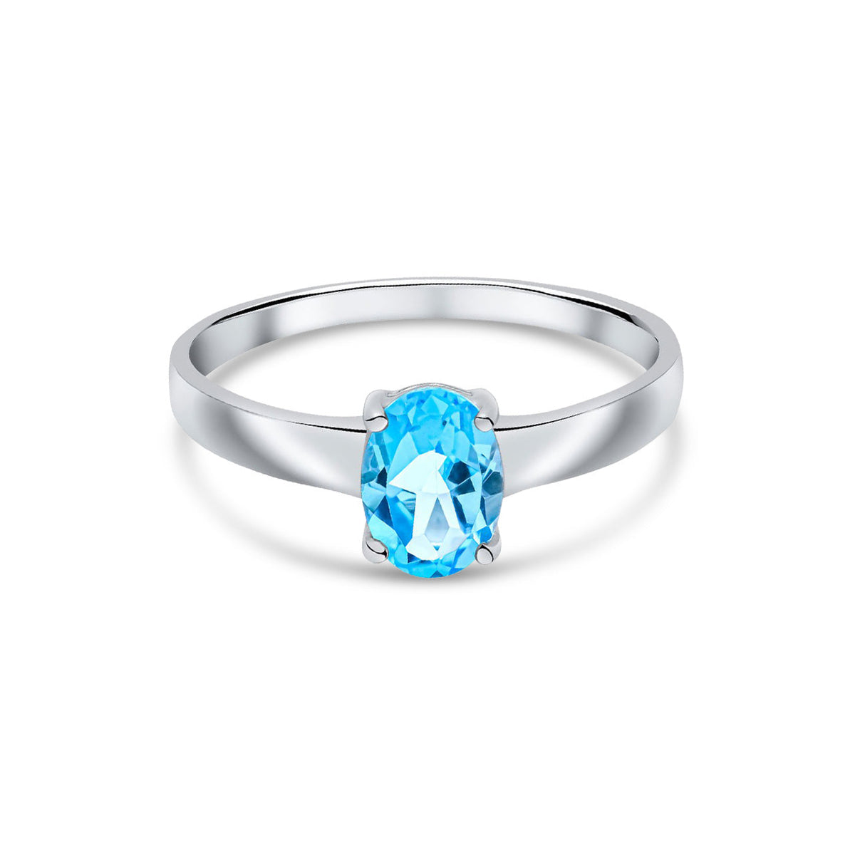9ct White Gold Oval Natural Swiss Blue Topaz Claw Single Stone Ring — 7x5mm