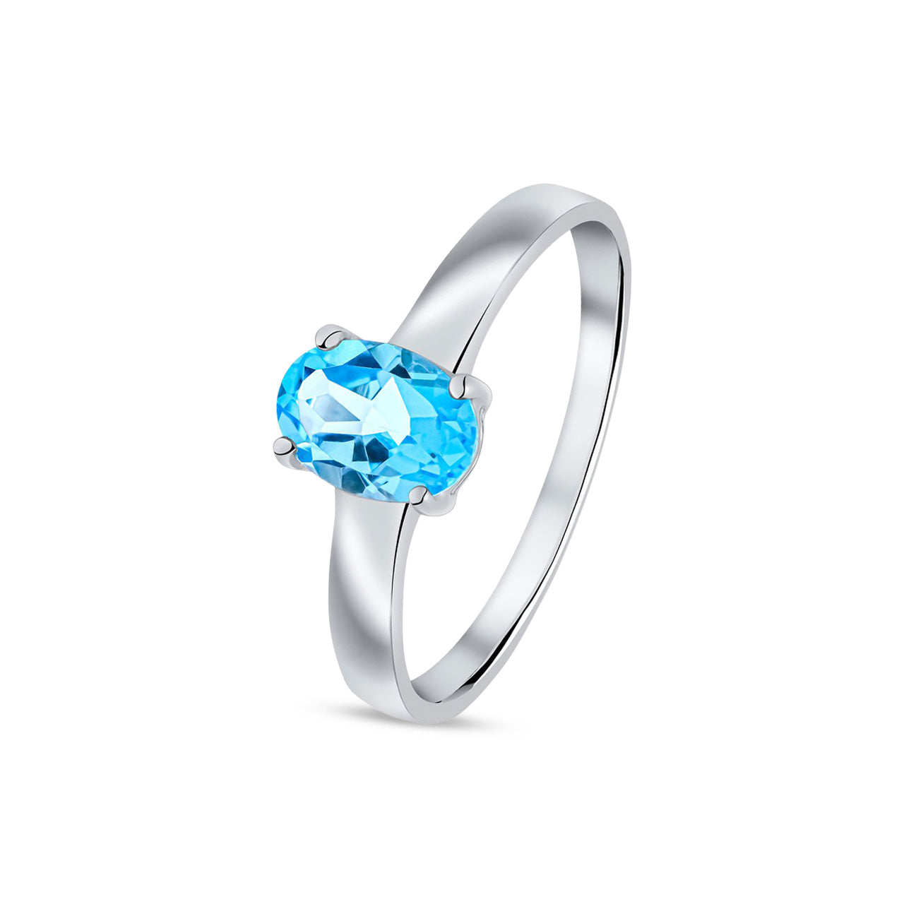 9ct White Gold Oval Natural Swiss Blue Topaz Claw Single Stone Ring — 7x5mm