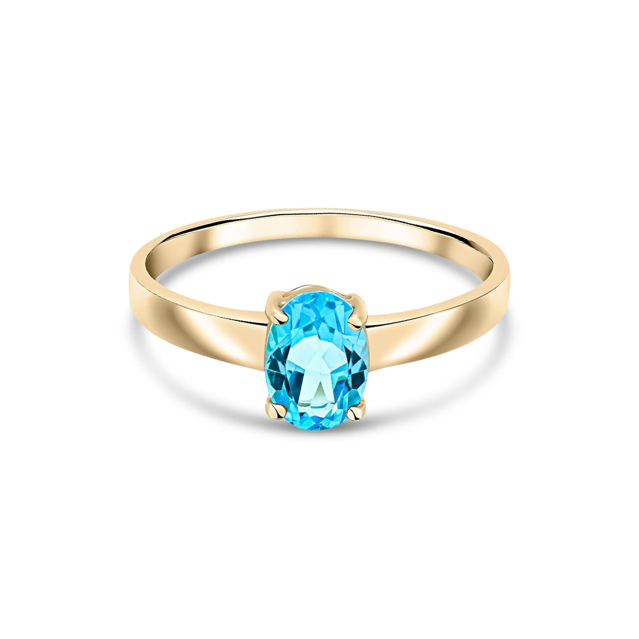 9ct Yellow Gold Oval Natural Swiss Blue Topaz Claw Single Stone Ring — 7x5mm