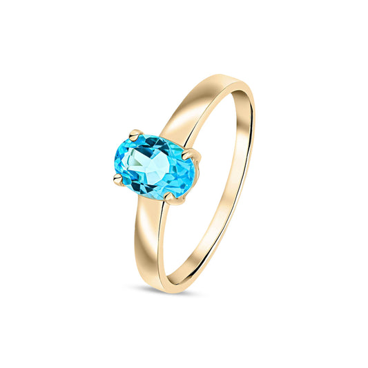 9ct Yellow Gold Oval Natural Swiss Blue Topaz Claw Single Stone Ring — 7x5mm
