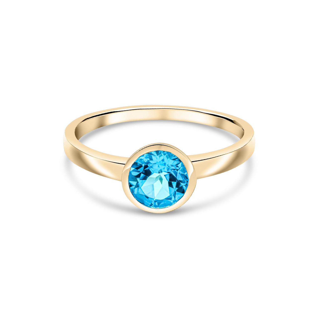 9ct Yellow Gold Round Natural Swiss Blue Topaz Rubover Ring — 6mm