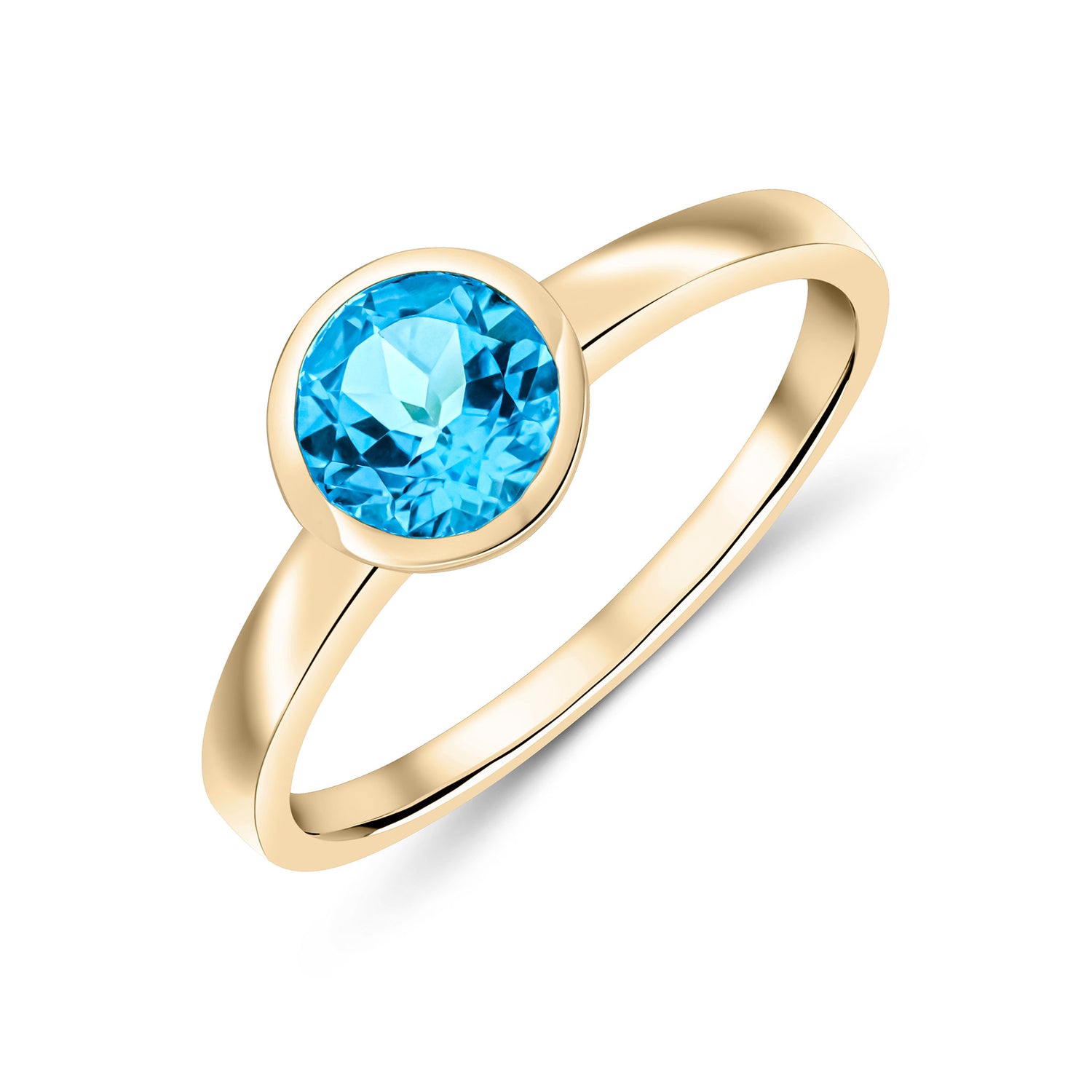 9ct Yellow Gold Round Natural Swiss Blue Topaz Rubover Ring — 6mm