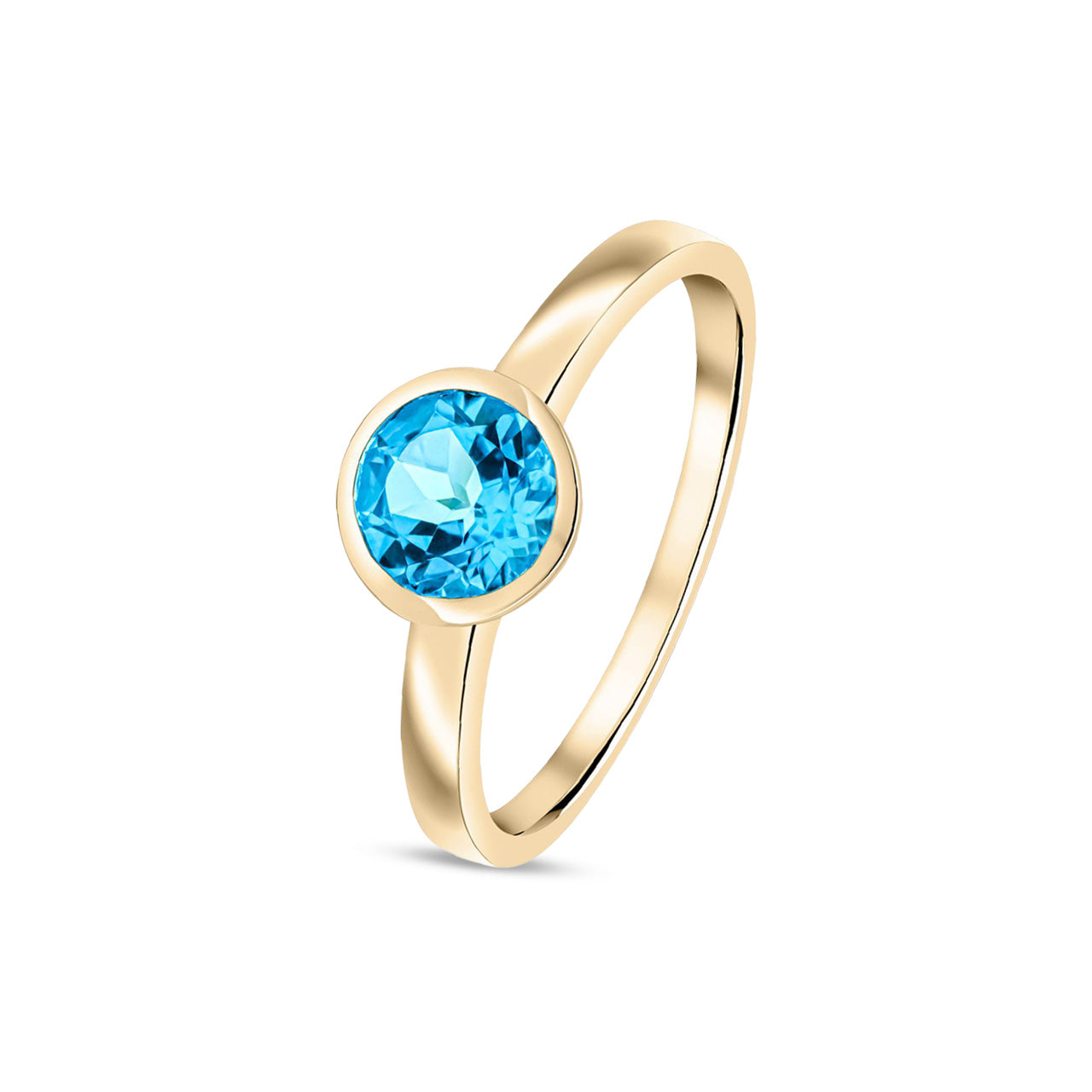 9ct Yellow Gold Round Natural Swiss Blue Topaz Rubover Ring — 6mm