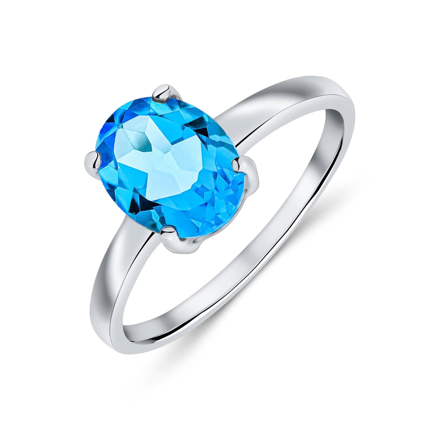 9ct White Gold Oval Natural Swiss Blue Topaz Claw Ring — 9x7mm