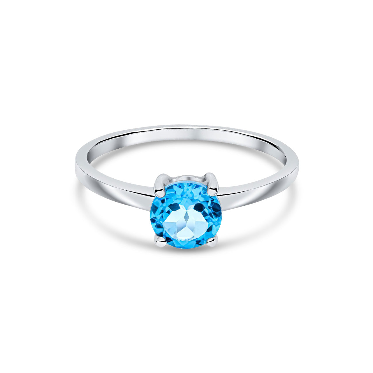 9ct White Gold Round Natural Swiss Blue Topaz Claw Ring — 6mm