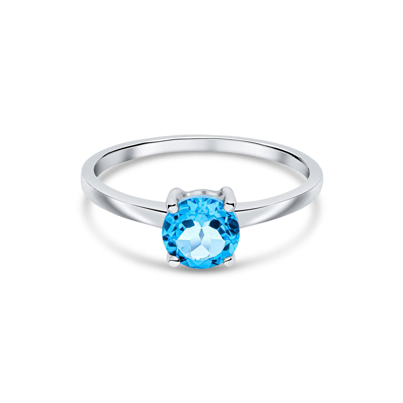 9ct White Gold Round Natural Swiss Blue Topaz Claw Single Stone Ring — 6mm