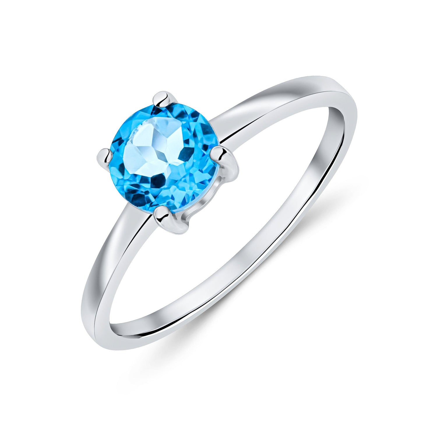 9ct White Gold Round Swiss Blue Topaz Claw Ring — 6mm