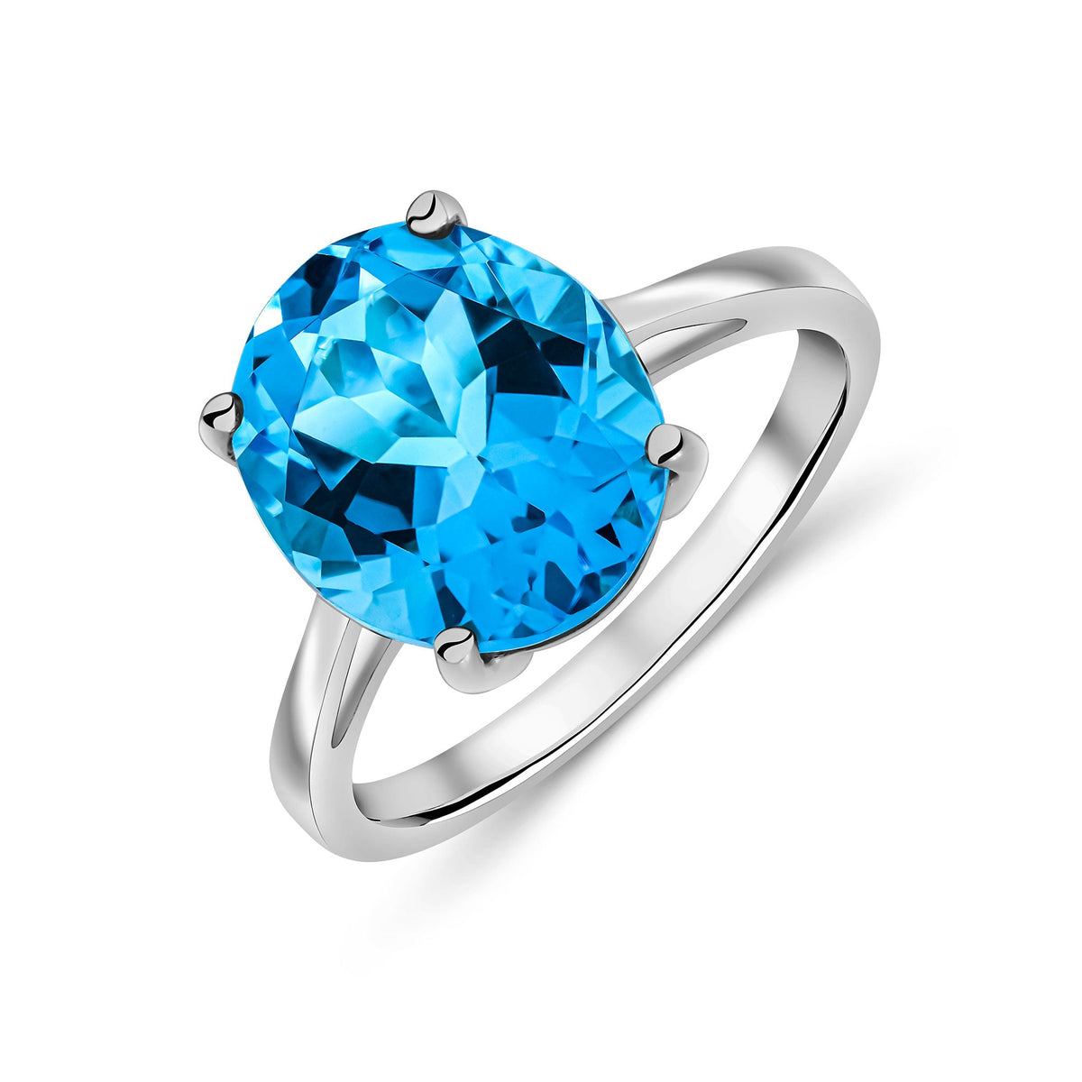 9ct White Gold Oval Natural Swiss Blue Topaz Claw Set Single Stone Ring — 12x10mm