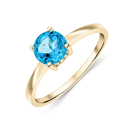 9ct Yellow Gold Round Natural Swiss Blue Topaz Claw Ring — 6mm