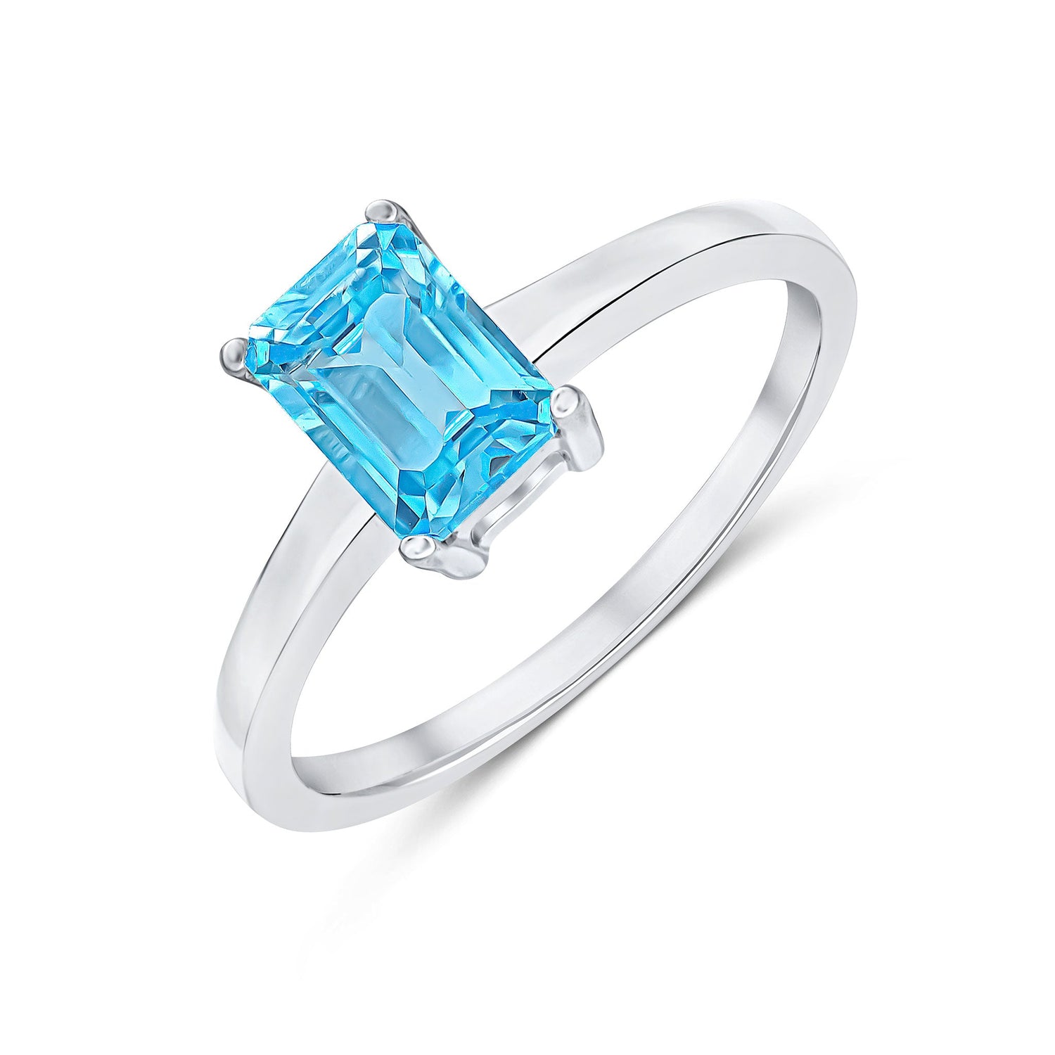 9ct White Gold Octagonal Emerald Cut Natural Swiss Blue Topaz Claw Ring