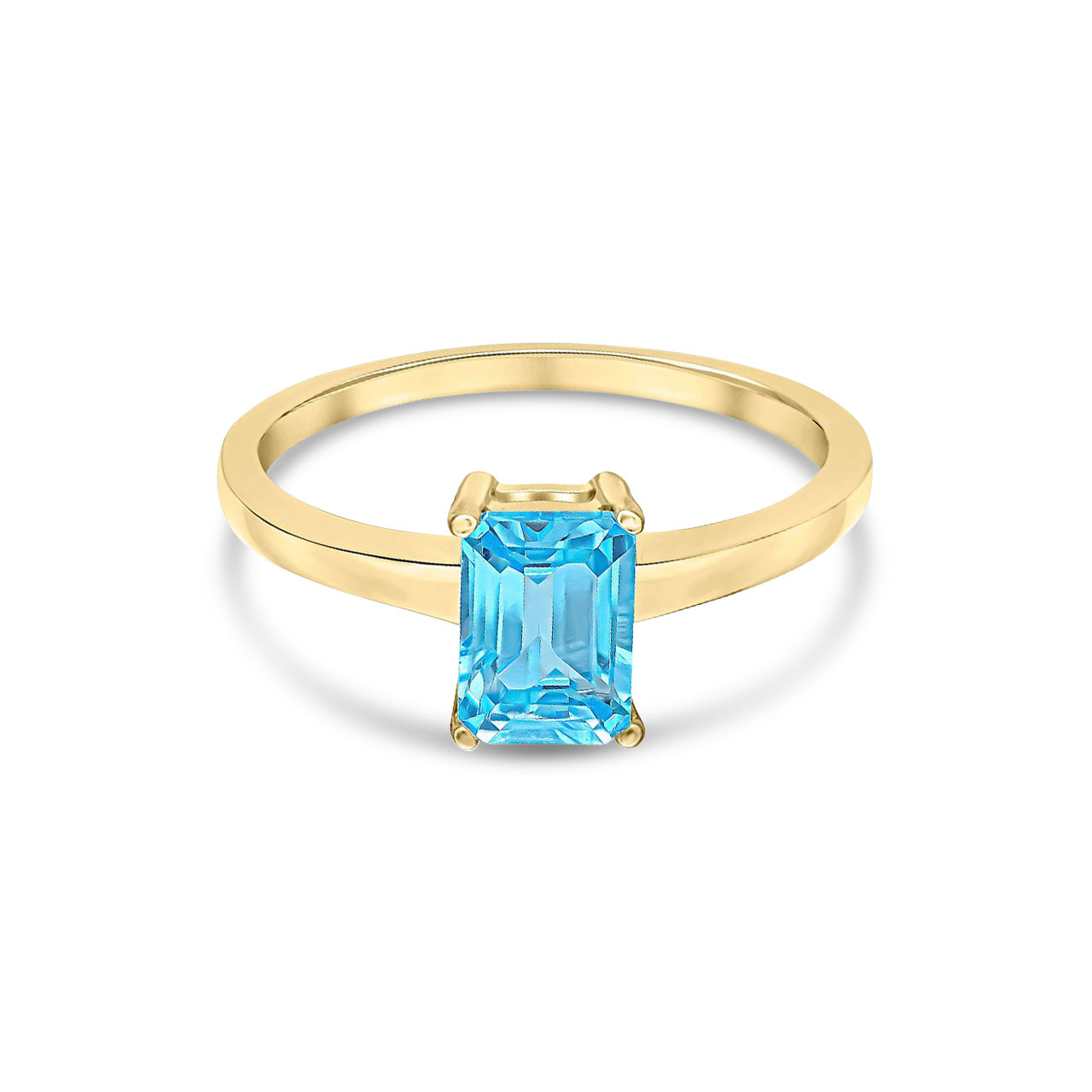9ct Yellow Gold Octagonal Emerald Cut Natural Swiss Blue Topaz Claw Ring