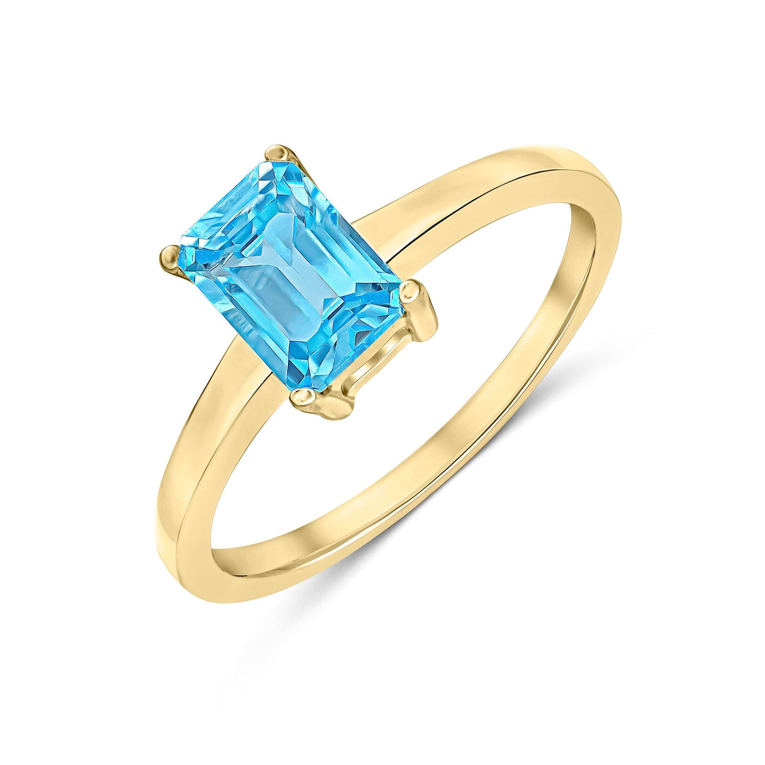 9ct Yellow Gold Natural Emerald Cut Swiss Blue Topaz Claw Ring — 7x5mm