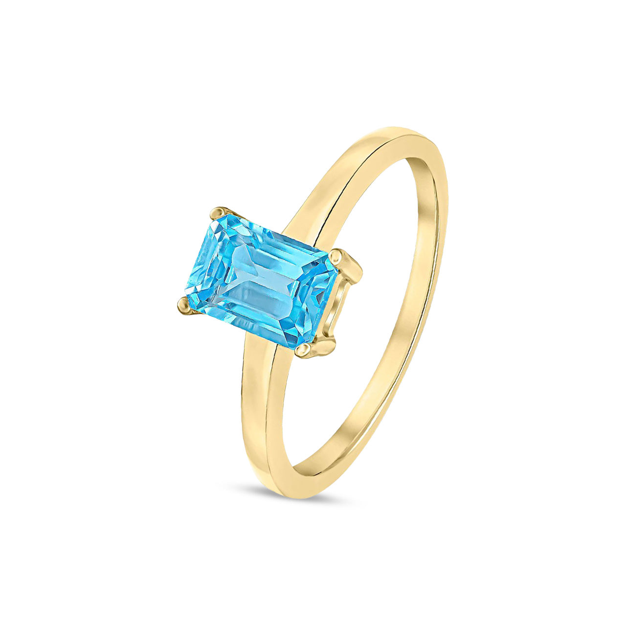 9ct Yellow Gold Octagonal Emerald Cut Natural Swiss Blue Topaz Claw Ring