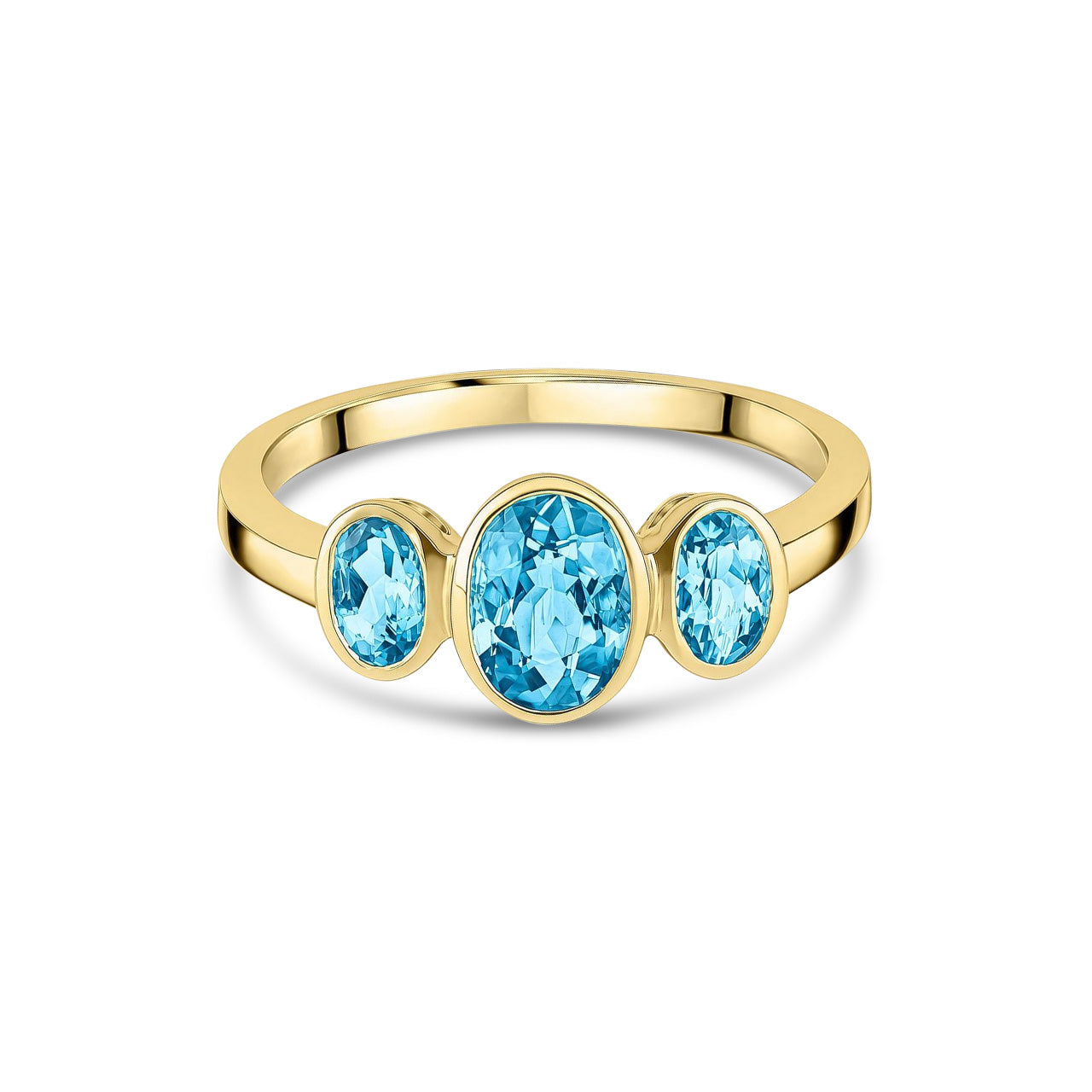 9ct Yellow Gold Oval Natural Swiss Blue Topaz Rubover Three Stone Ring