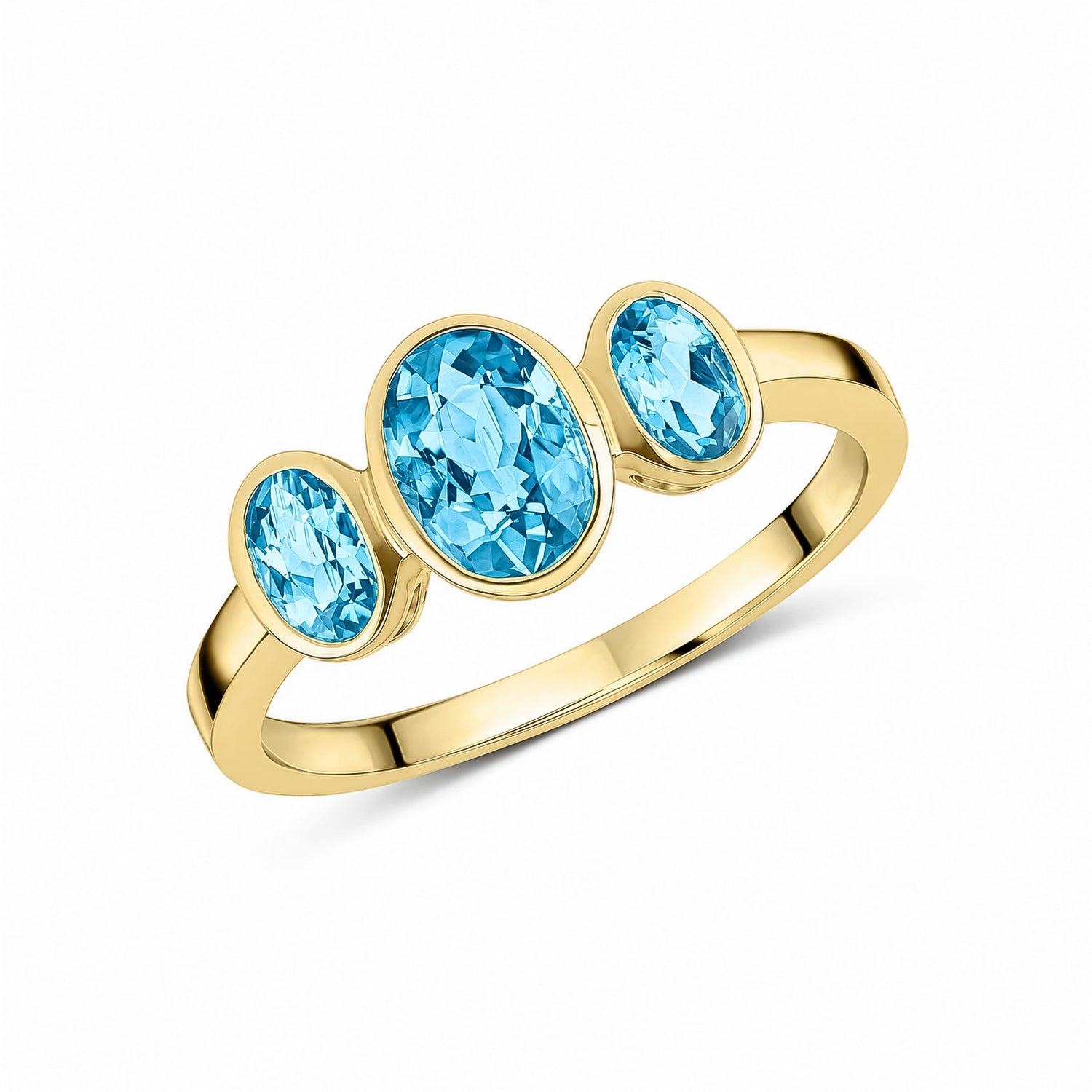 9ct Yellow Gold Oval Natural Swiss Blue Topaz Rubover Three Stone Ring — 7x5mm