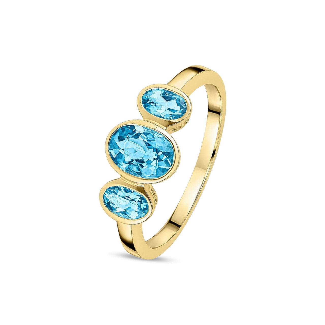 9ct Yellow Gold Oval Natural Swiss Blue Topaz Rubover Three Stone Ring