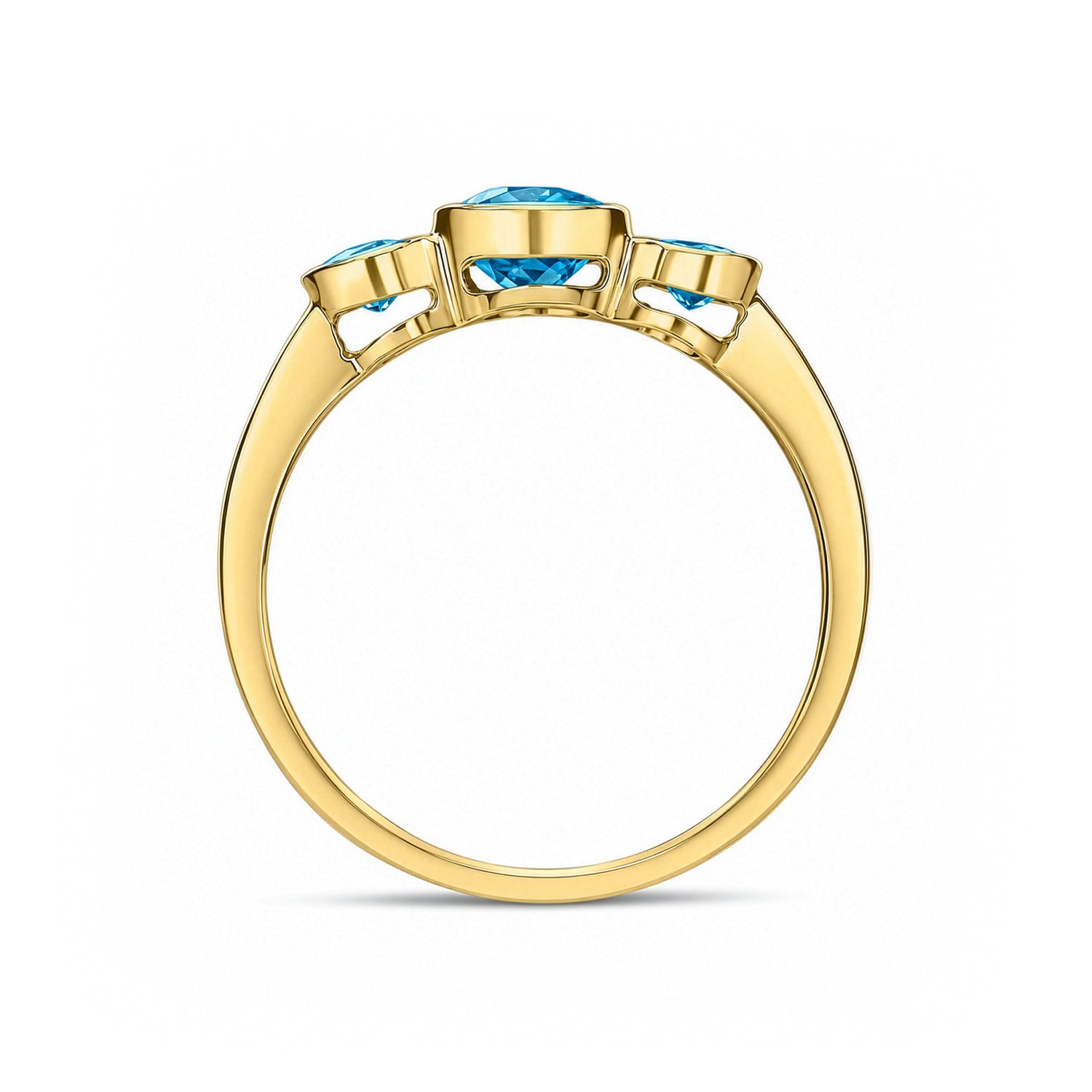 9ct Yellow Gold Oval Natural Swiss Blue Topaz Rubover Three Stone Ring — 7x5mm