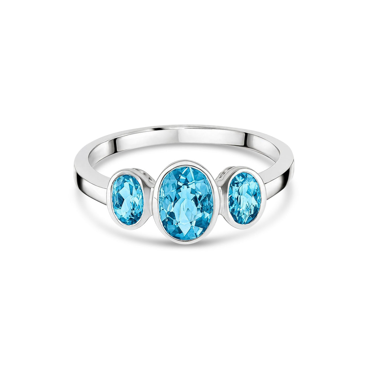 9ct White Gold Oval Natural Swiss Blue Topaz Rubover Three Stone Ring