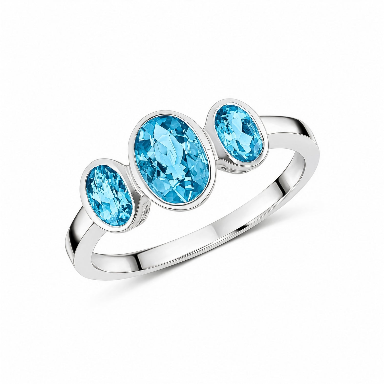 9ct White Gold Oval Natural Swiss Blue Topaz Rubover Three Stone Ring — 7x5mm
